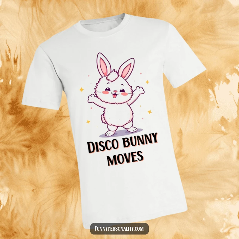 Funny t-shirt showcasing a fluffy rabbit striking a confident disco dance pose, celebrating fun, rhythm, and energetic moves.
