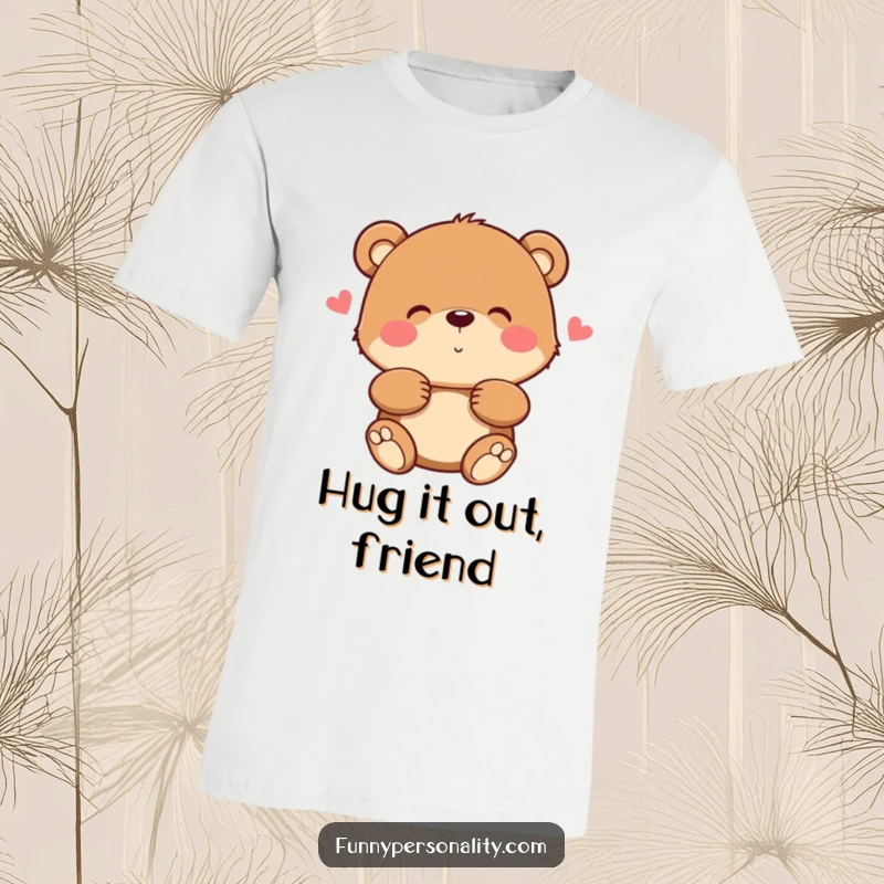Funny bear t-shirt featuring a lovable bear character giving a big, warm, fuzzy hug, symbolizing comfort and happiness.