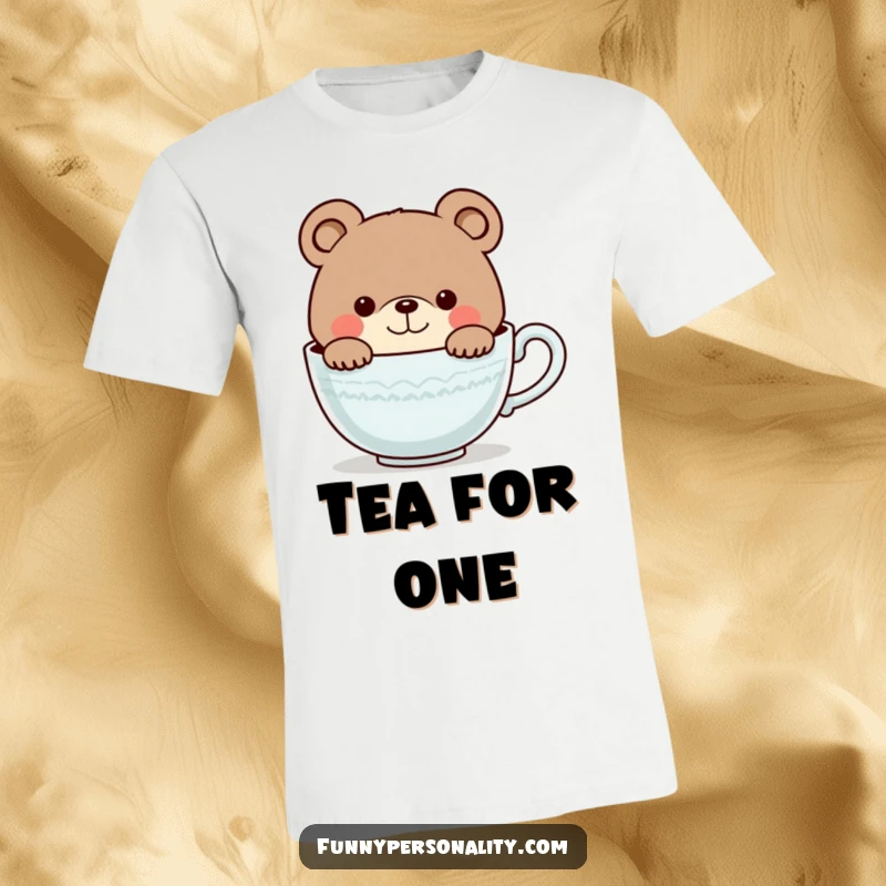 Funny t-shirt with a curious bear character smiling while peeking into a comically large teacup, embodying warmth and gentle intrigue.