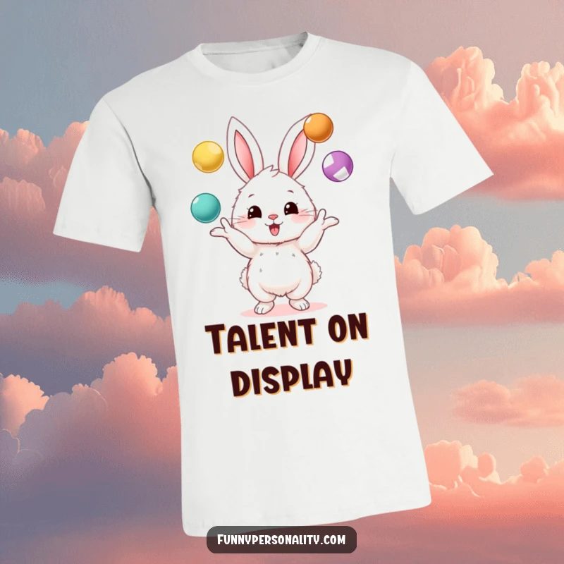 Funny t-shirt with a fluffy bunny character gleefully juggling three bright balls, showcasing skill and joyful exuberance in a whimsical design.