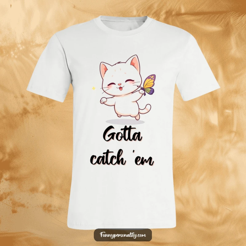 Funny t-shirt depicting a playful cat character enthusiastically chasing a shimmering butterfly, full of energy and feline mischief.