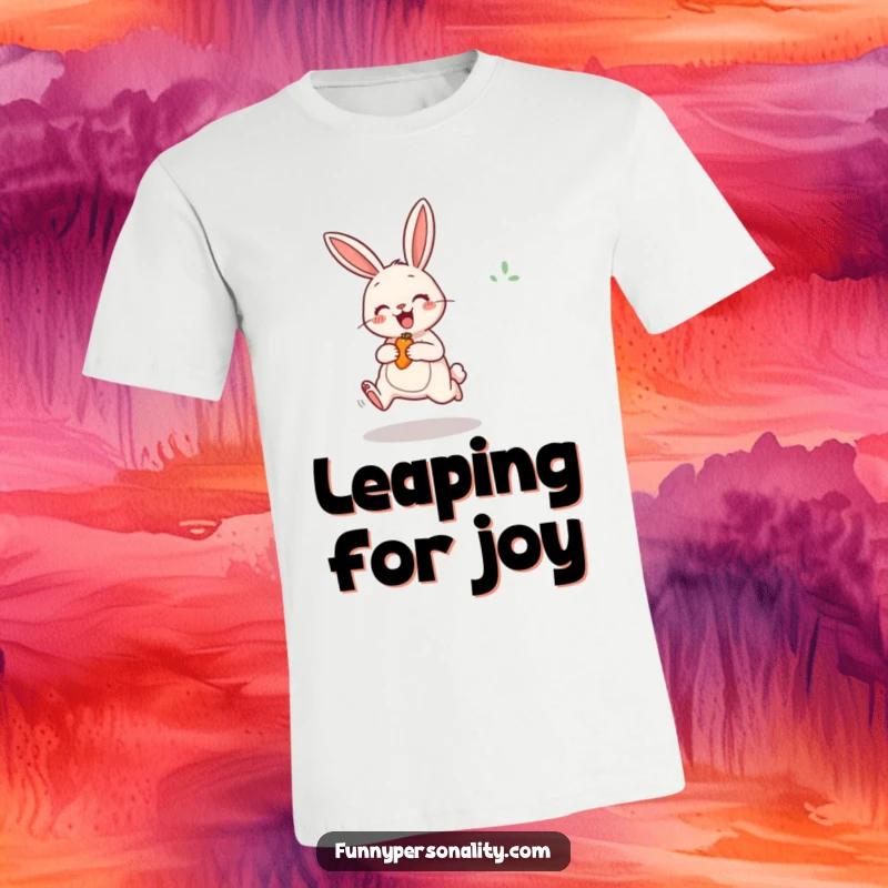 Funny Rabbit T-Shirt depicting an excited bunny leaping enthusiastically towards a tempting carrot, full of eagerness.