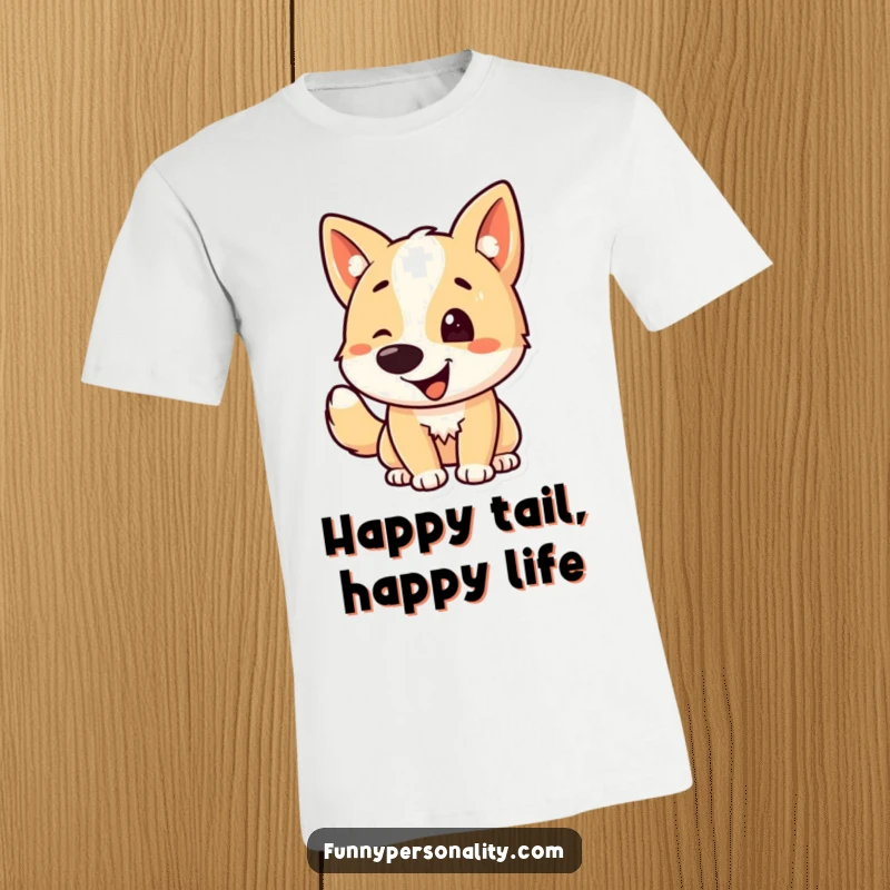 Funny dog t-shirt showing a cheerful dog character caught mid-tail wag, symbolizing boundless energy and happiness.