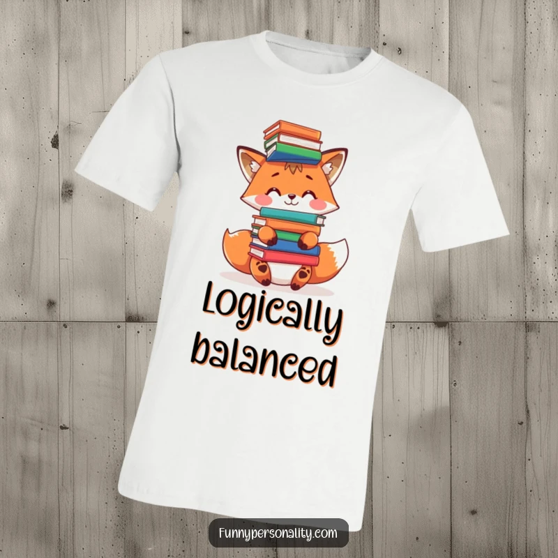 Funny fox books t-shirt: a playful fox character attempting to balance a precarious stack of books on its head.