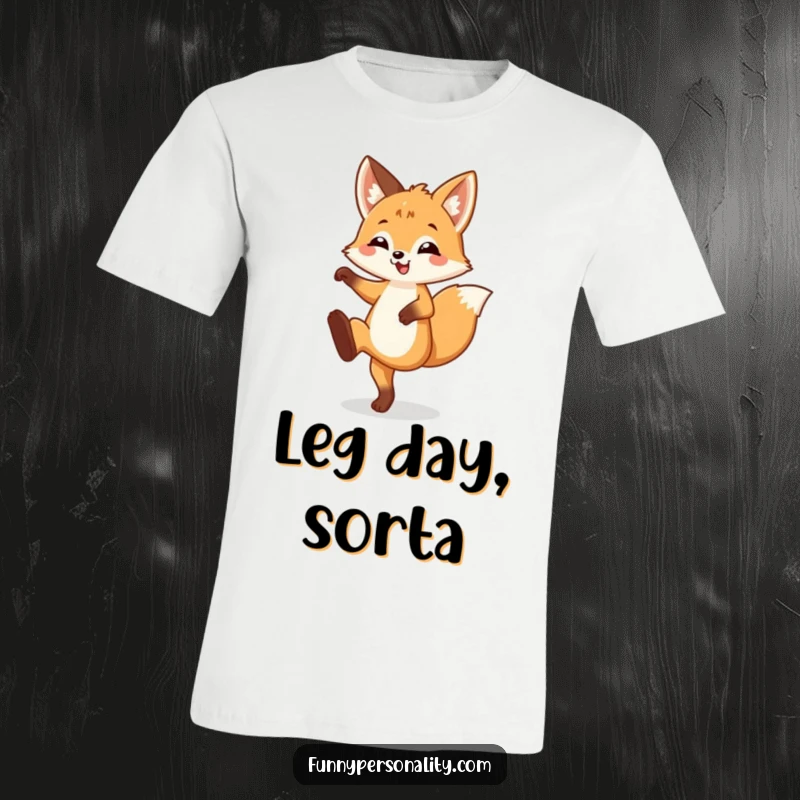 Funny T-Shirt depicting a happy fox cub mid-kick, one leg high in the air, showcasing pure, unadulterated fun.