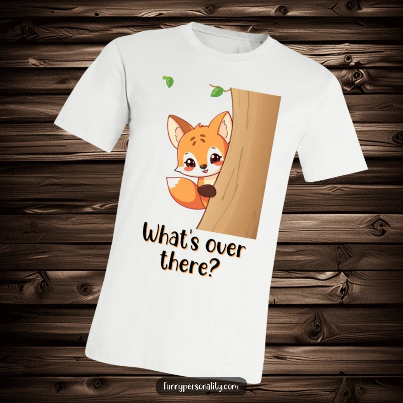 Funny t-shirt graphic of a playful cartoon fox peeking around a tree with a wide, mischievous grin, full of personality.