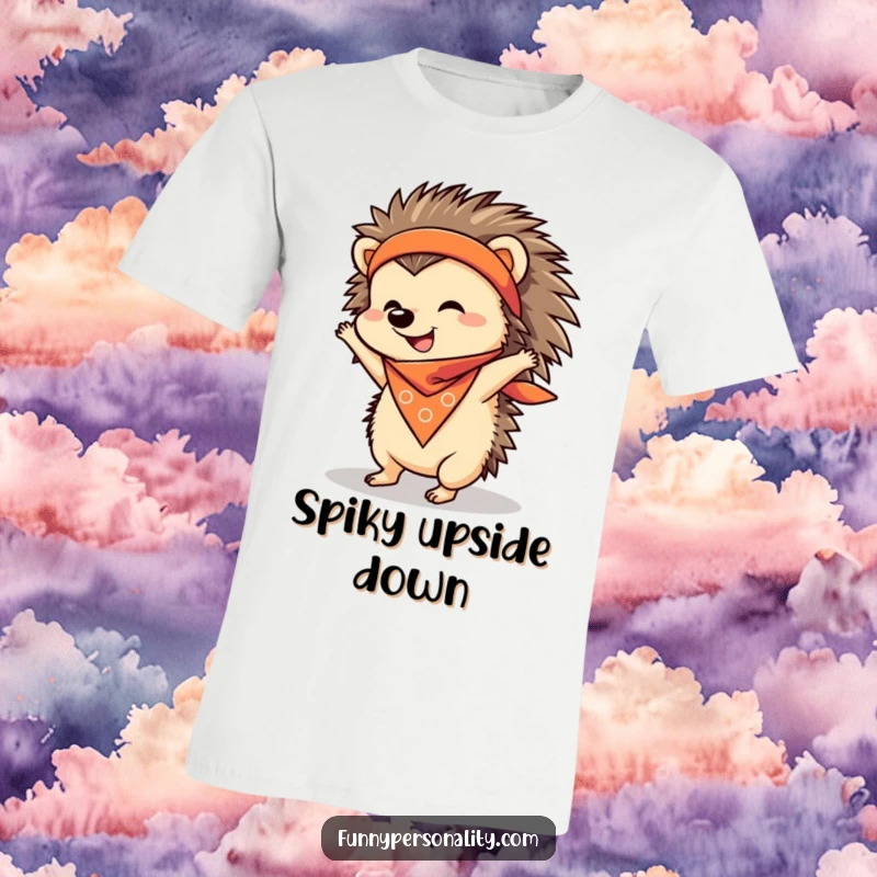 Funny T-Shirt showing a determined, bandana-wearing hedgehog attempting a handstand, bringing humor to workouts or casual wear.