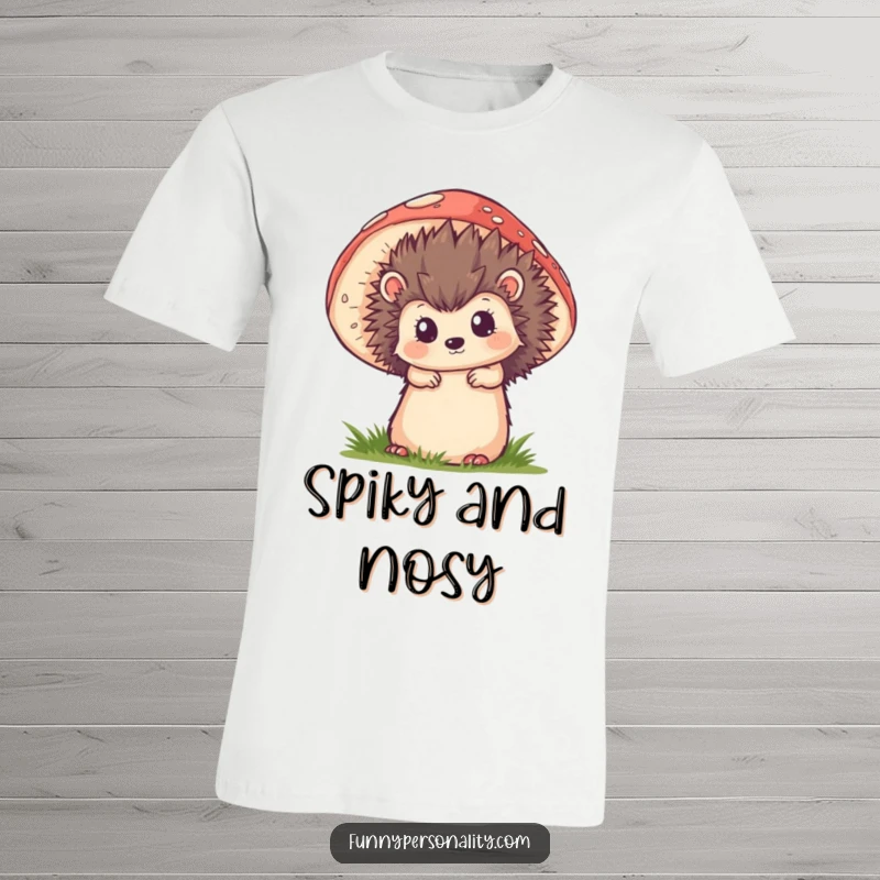 Funny t-shirt showing a cute hedgehog character curiously peeking from behind a giant, vibrant mushroom, embodying woodland charm.
