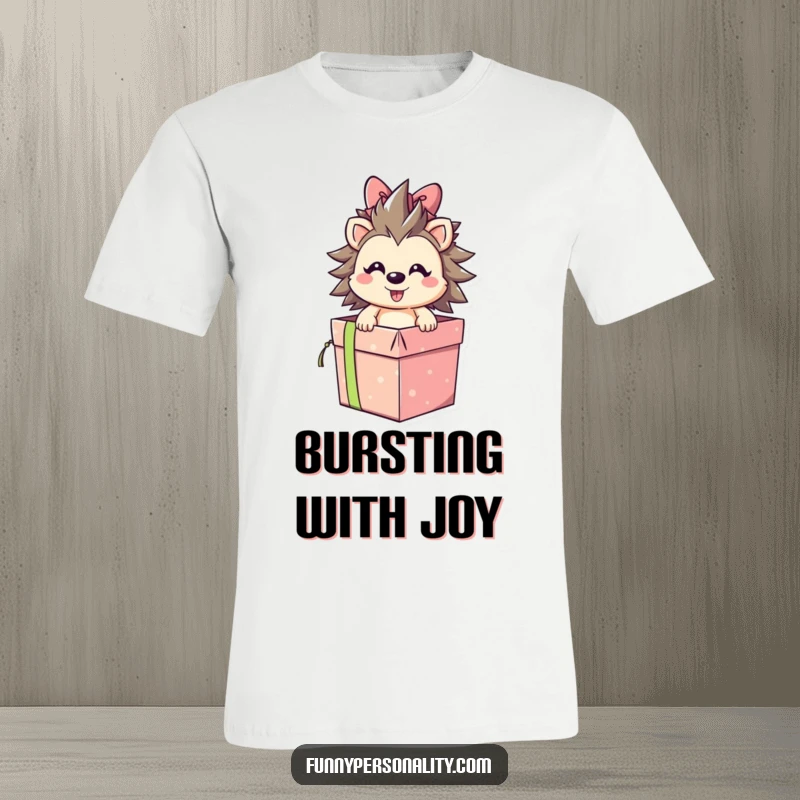 Smiling hedgehog character bursting out of a gift box, printed on a t-shirt, representing joyful surprise and a funny gift.