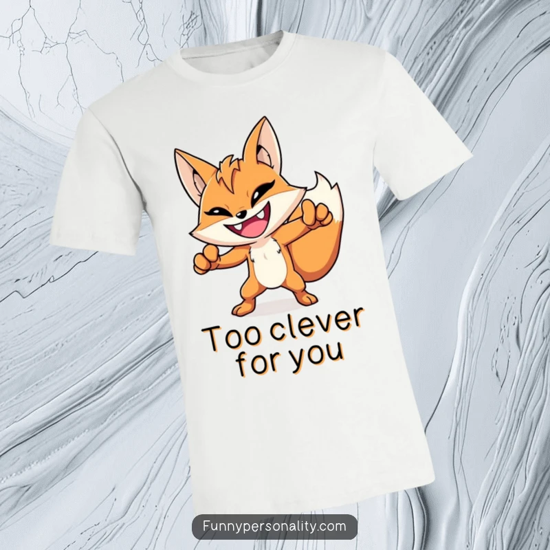 Funny hero fox t-shirt depicting a grinning fox in a dramatic, heroic pose, exuding confidence and humor.