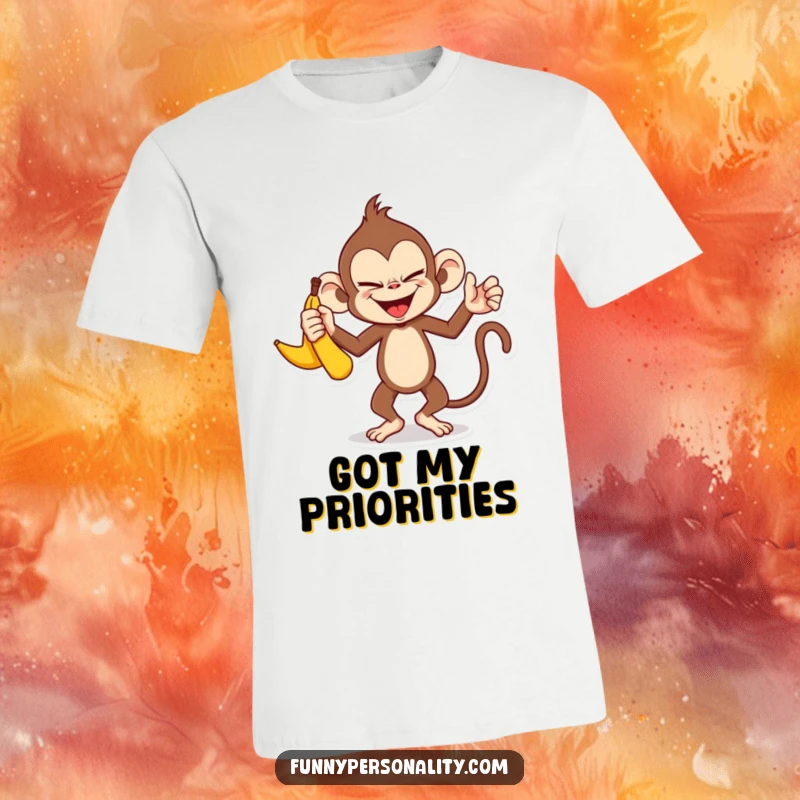 Funny monkey banana t-shirt: a mischievous monkey character juggling three bananas with a sly, cheeky grin.
