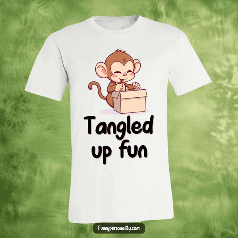 Funny monkey t-shirt showing a mischievous monkey pulling a long string from a box, perfect for pranksters and humor lovers.
