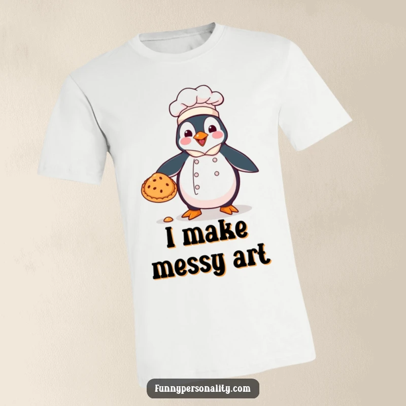 Funny T-shirt: a penguin dressed as a chef, comically dropping a pie, looking flustered.