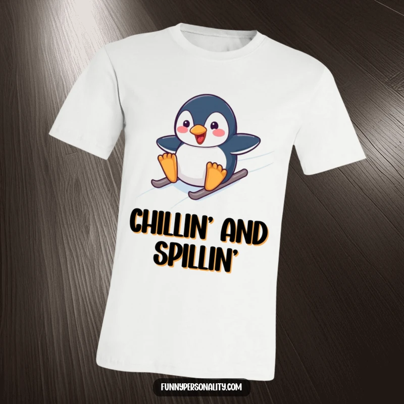 Funny t-shirt showcasing a gleeful penguin character in motion, sliding downhill on an arctic ice slope with pure delight.