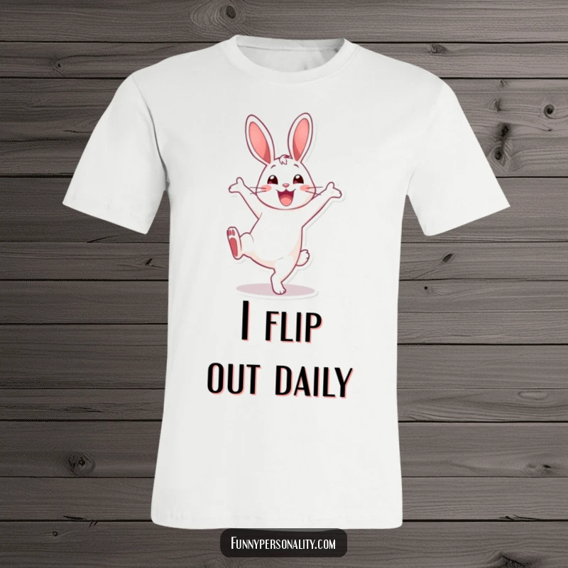 Funny T-Shirt: A happy, energetic rabbit mid-cartwheel, conveying pure joy and playful movement for a humorous look.