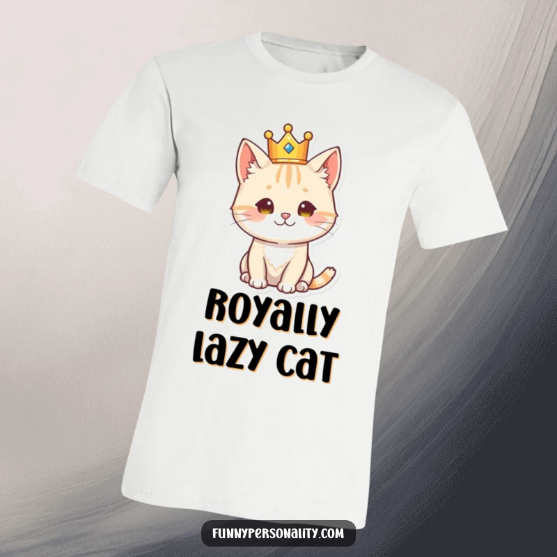 Funny cat character wearing a crown, exuding regality, a humorous t-shirt for cat lovers and royalty enthusiasts.