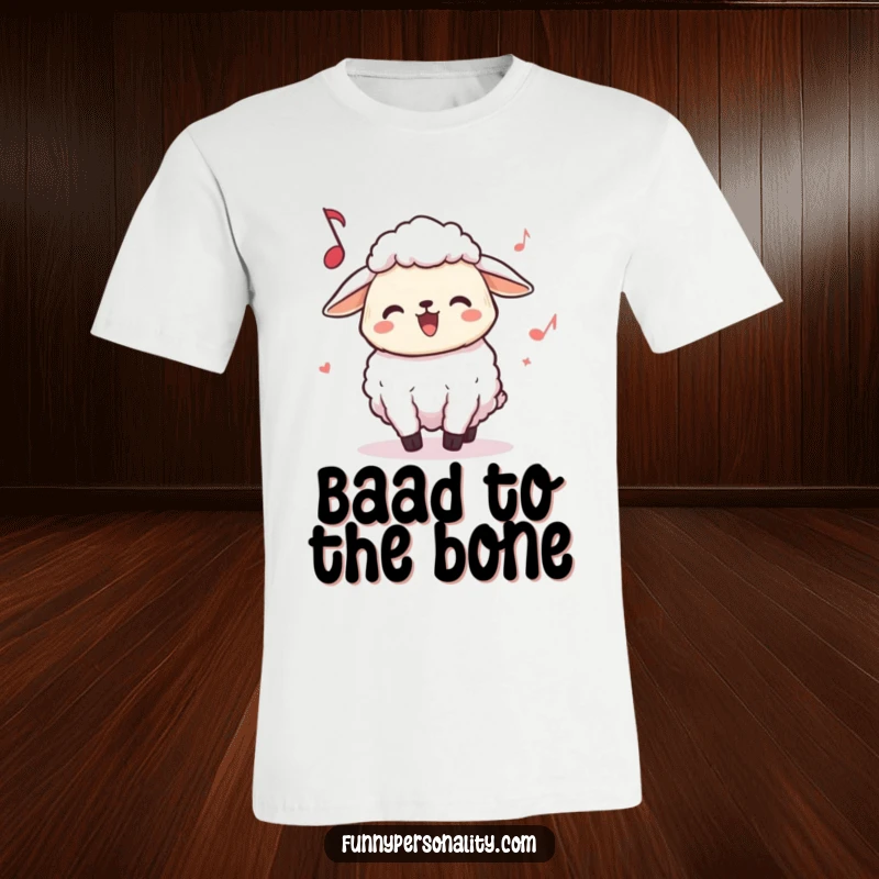 Funny Sheep T-Shirt: A joyful sheep character energetically headbanging to music, a hilarious depiction of pure audio bliss.
