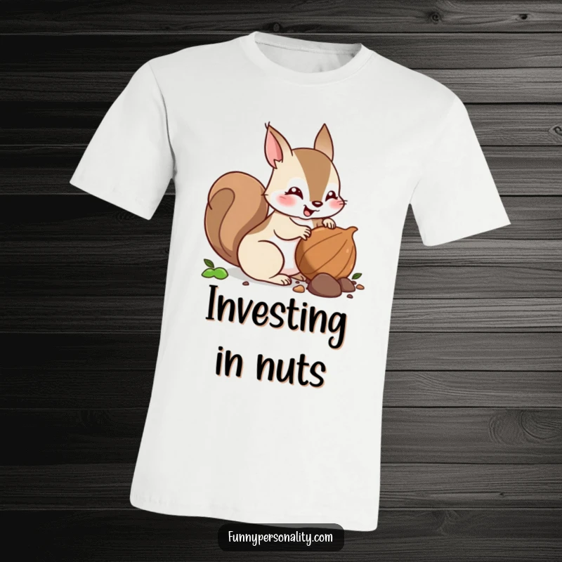 Funny squirrel t-shirt depicting a busy squirrel character energetically burying a nut, capturing a moment of preparation.
