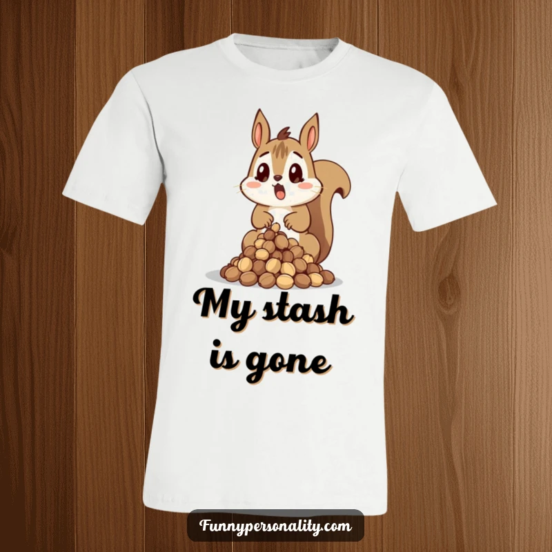 Funny Squirrel T-Shirt depicting a surprised squirrel in the midst of dropping a pile of nuts, embodying comical dismay.