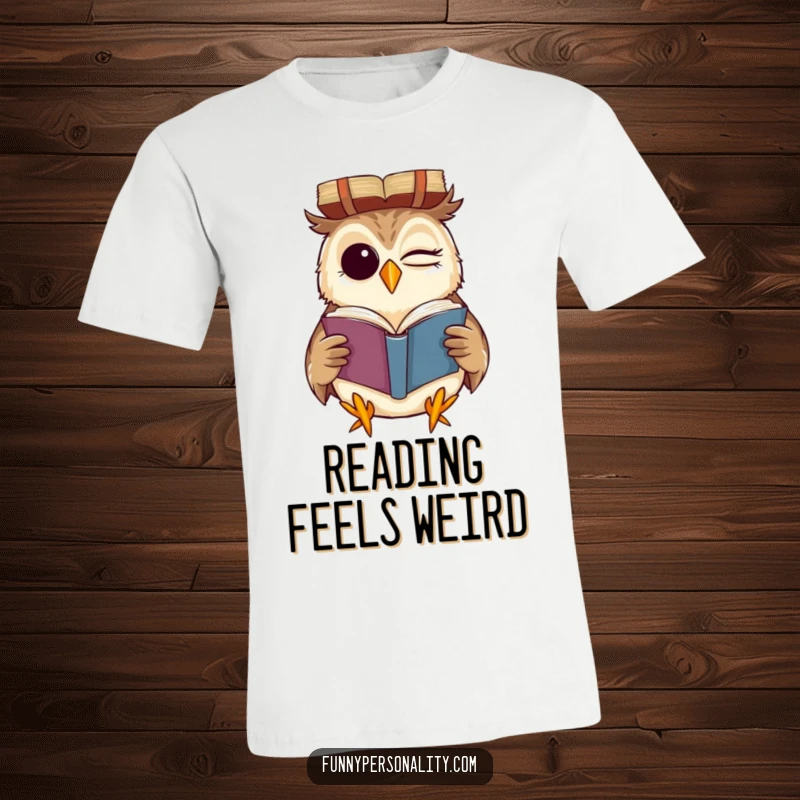 Funny t-shirt featuring a winking owl with a wide grin, reading a book held upside down, a humorous take on wisdom.
