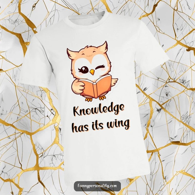 Funny winking owl character holding a book with its wing, printed on a t-shirt, showcasing a love for reading and a funny gift.