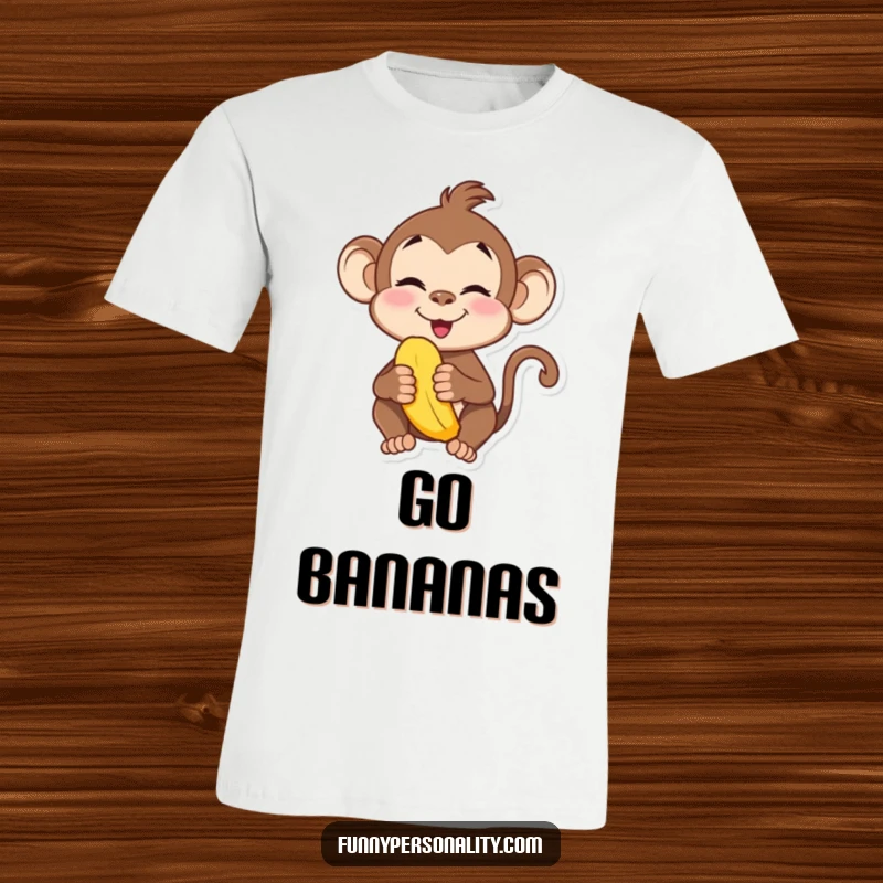 Funny t-shirt showing a playful monkey character pulling a silly face while holding a banana. Great for pranksters.