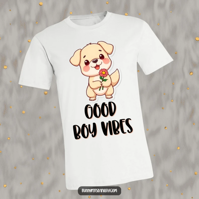 Funny t-shirt featuring a small dog character with a wagging tail enthusiastically presenting a flower, radiating pure joy and goodwill.