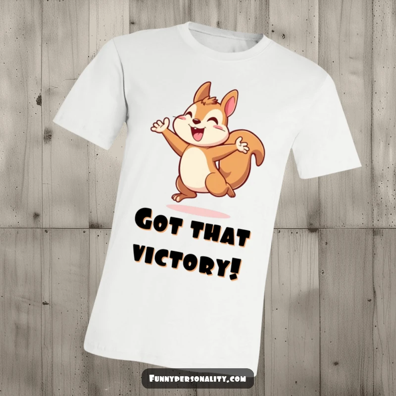 Energetic squirrel t-shirt featuring a squirrel character in a triumphant leap, conveying excitement and success.