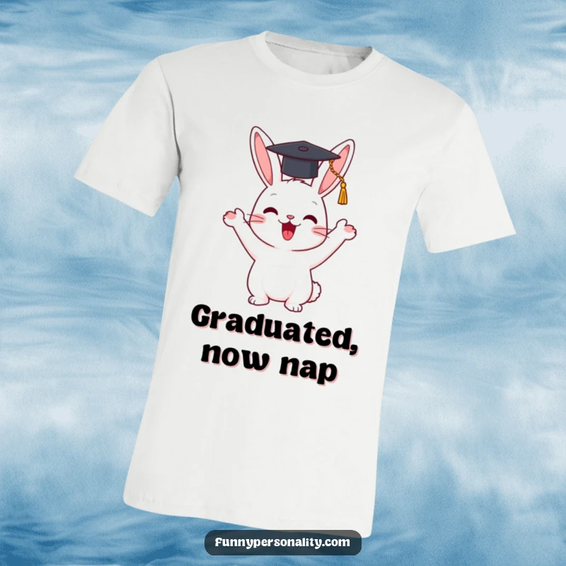Funny t-shirt featuring a happy rabbit character enthusiastically waving a tiny graduation cap, celebrating graduation.