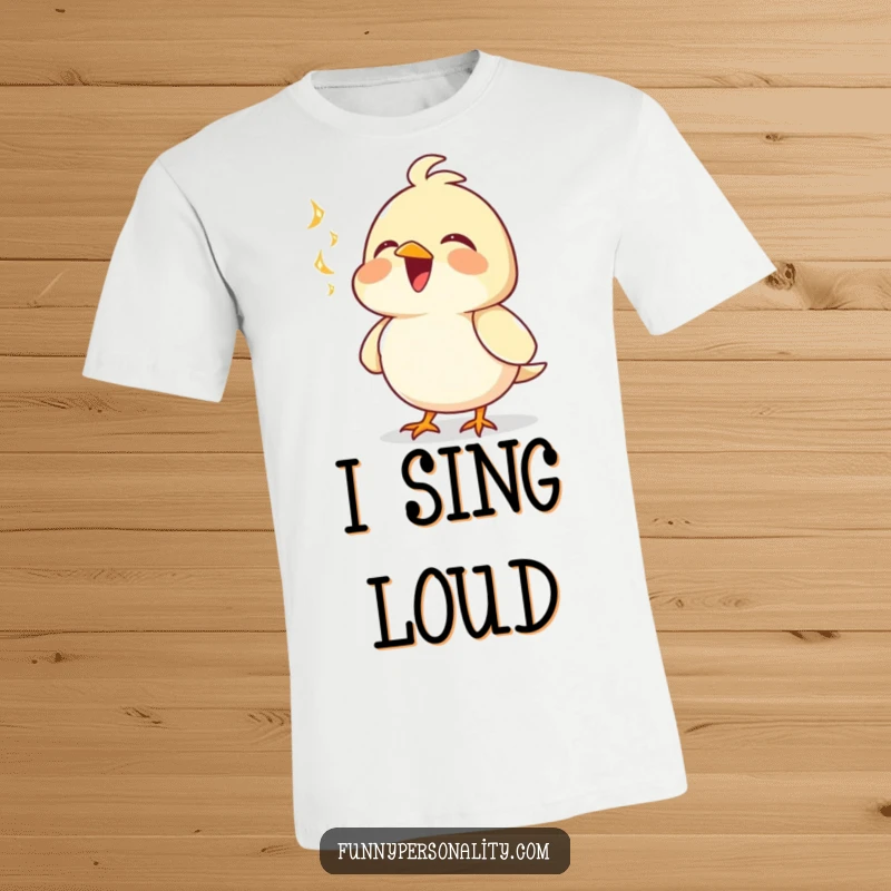 Funny t-shirt showcasing a joyful bird character singing with its chest puffed out, exuding confidence and happiness. Great gift idea.