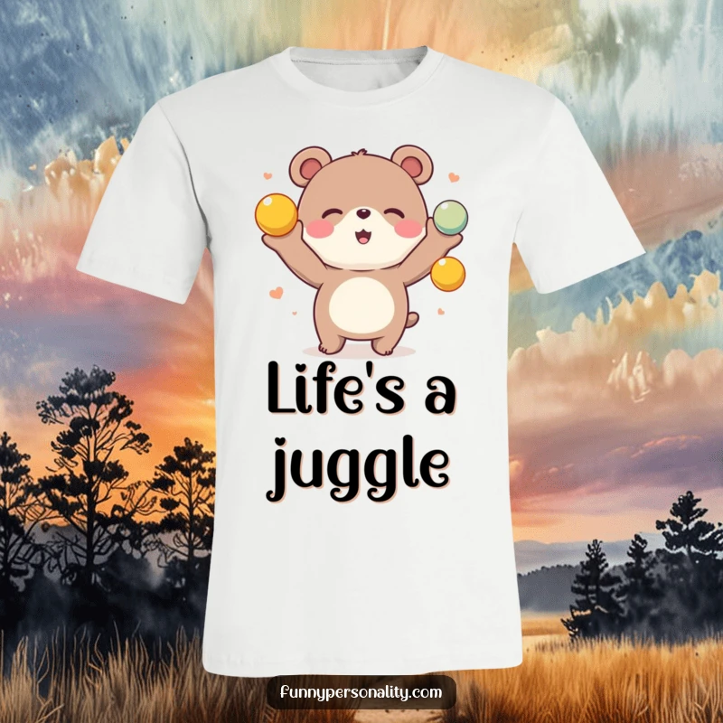 Funny Bear Juggling T-Shirt: A smiling bear is depicted enthusiastically juggling multiple colorful balls in a lively design.