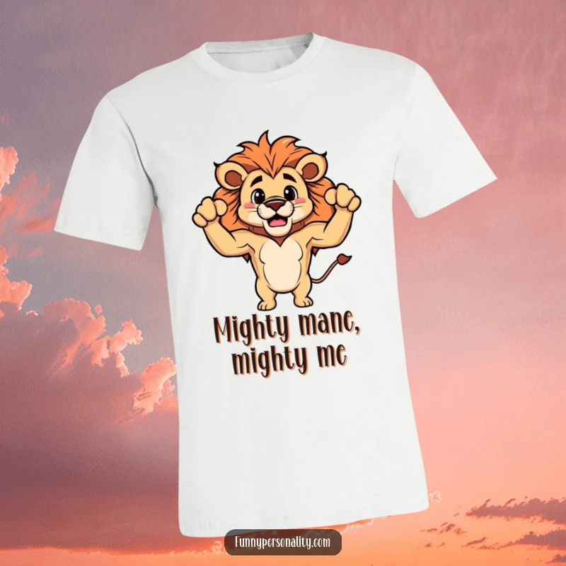 Funny t-shirt design of a proud lion showing off small, fluffy biceps, radiating humor and confidence.