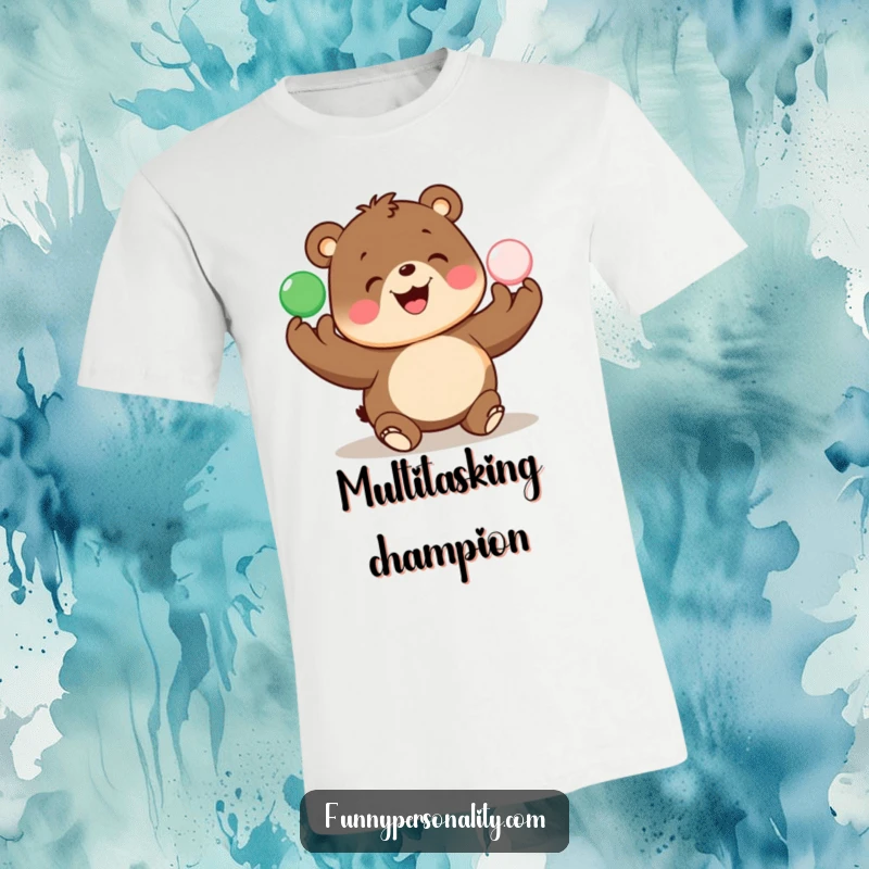 Funny T-shirt shows a smiling bear happily juggling vibrant balls, radiating joy and playful energy.
