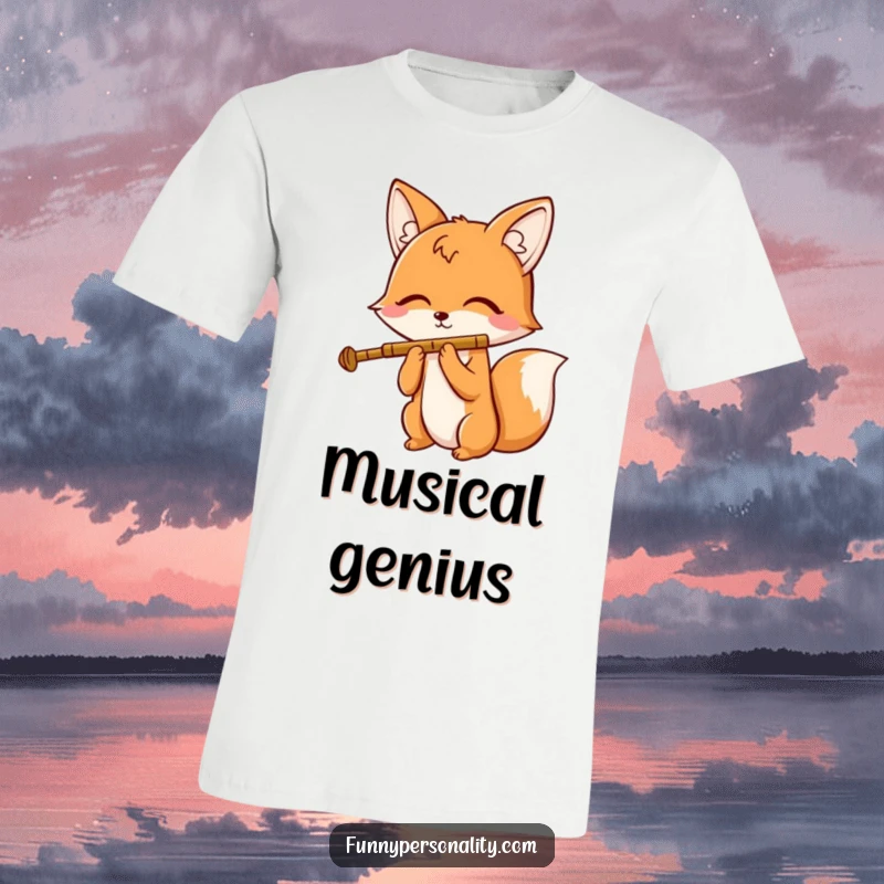 Funny t-shirt depicting a cheerful fox character happily playing a tiny flute with closed eyes, embodying pure musical bliss and whimsy.