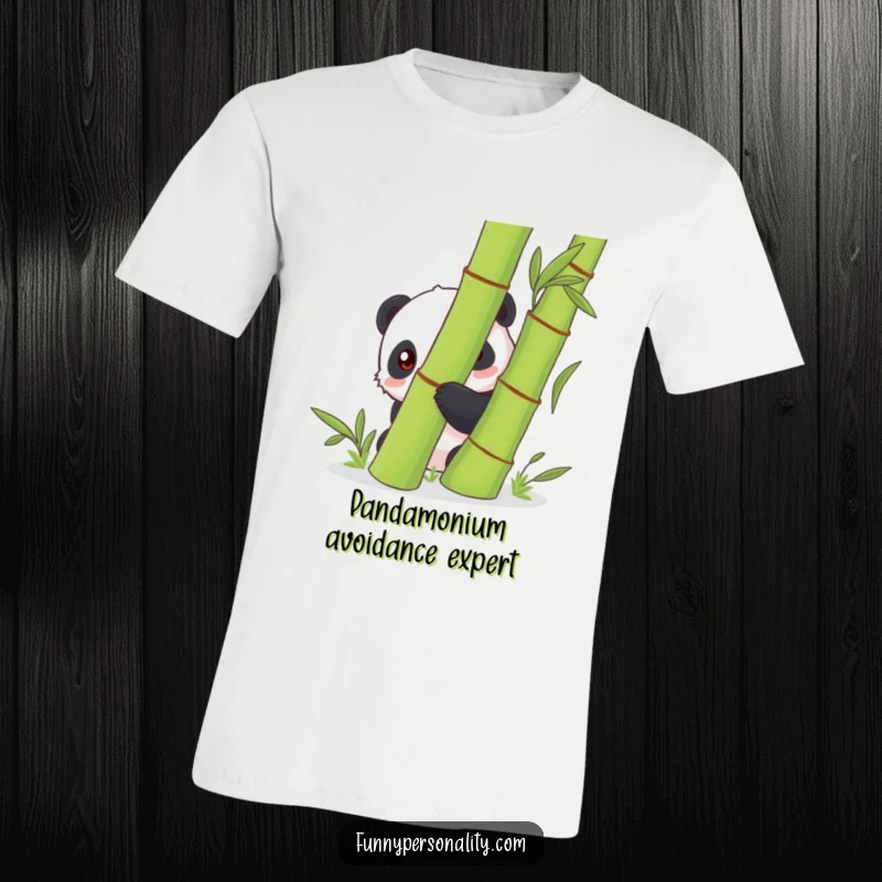 Funny shy panda character partially hidden behind a large bamboo stalk on a t-shirt, expressing a sweet and bashful personality.