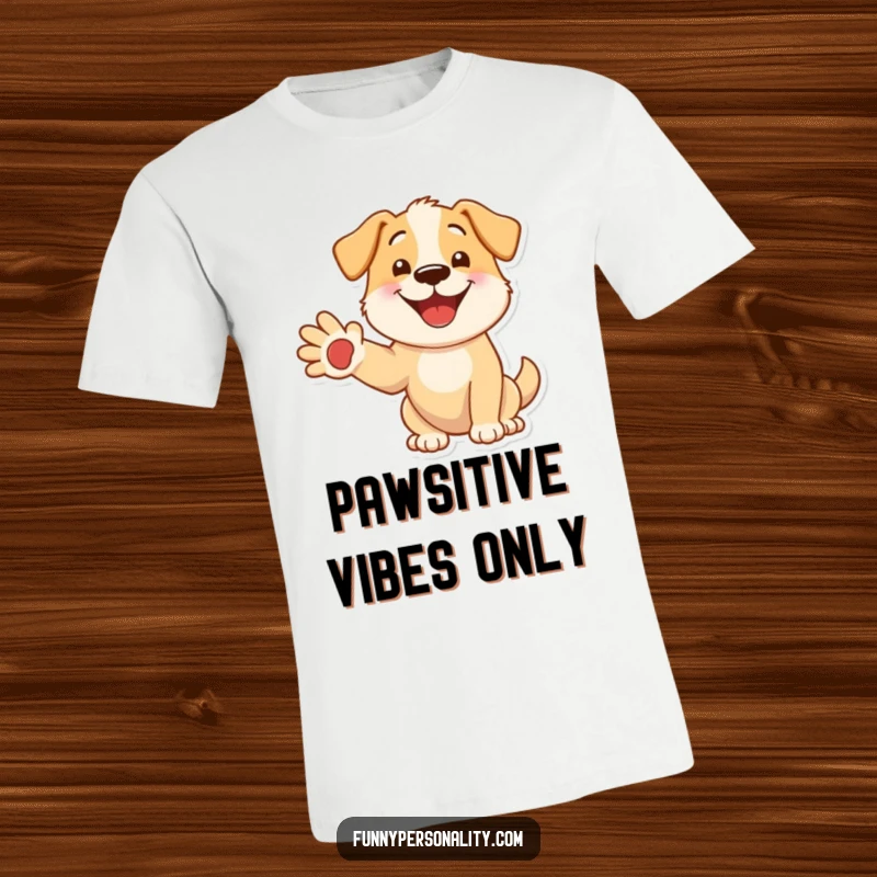 Funny dog t-shirt showing a happy doggy with a wide grin, extending a paw for a friendly handshake, full of warmth.