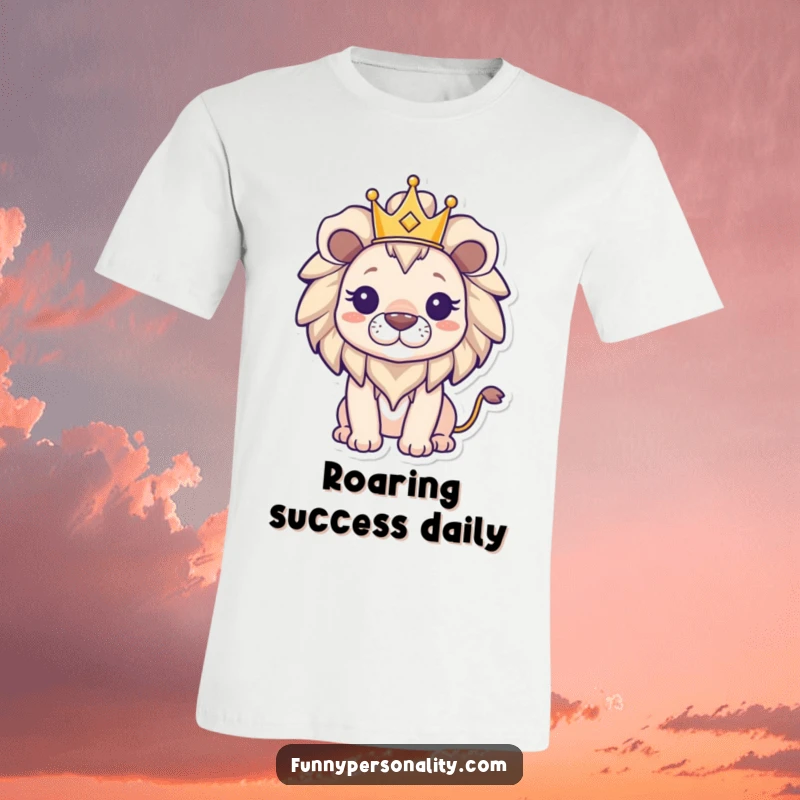 Funny triumphant lion character adorned with a small crown, depicted on a t-shirt, showcasing a powerful and victorious stance with a bold mane.