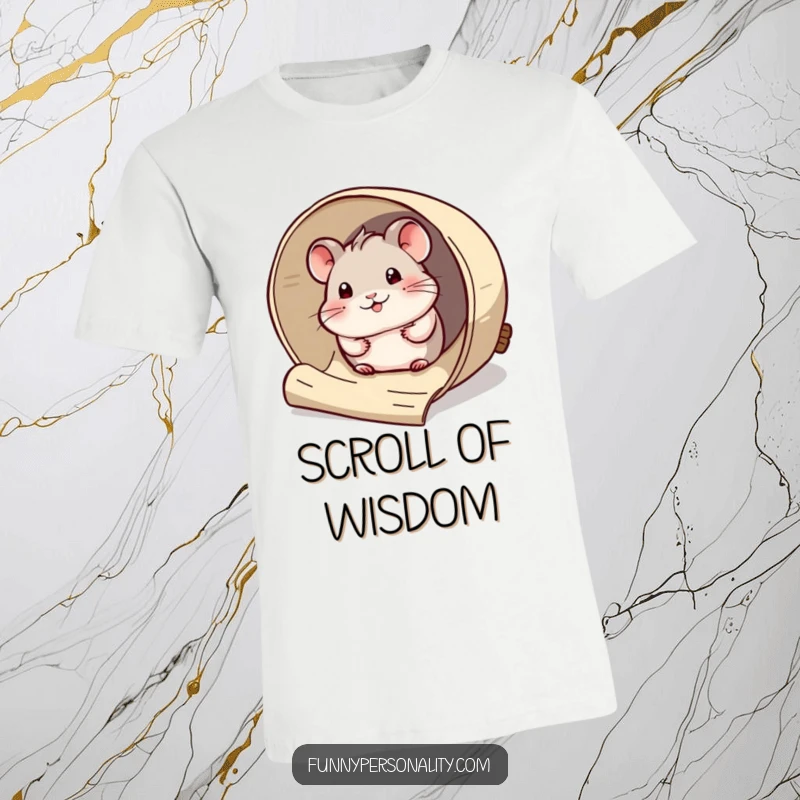 Funny T-Shirt: A curious hamster peeks out from a giant rolled-up scroll, conveying playful intrigue as a gift.