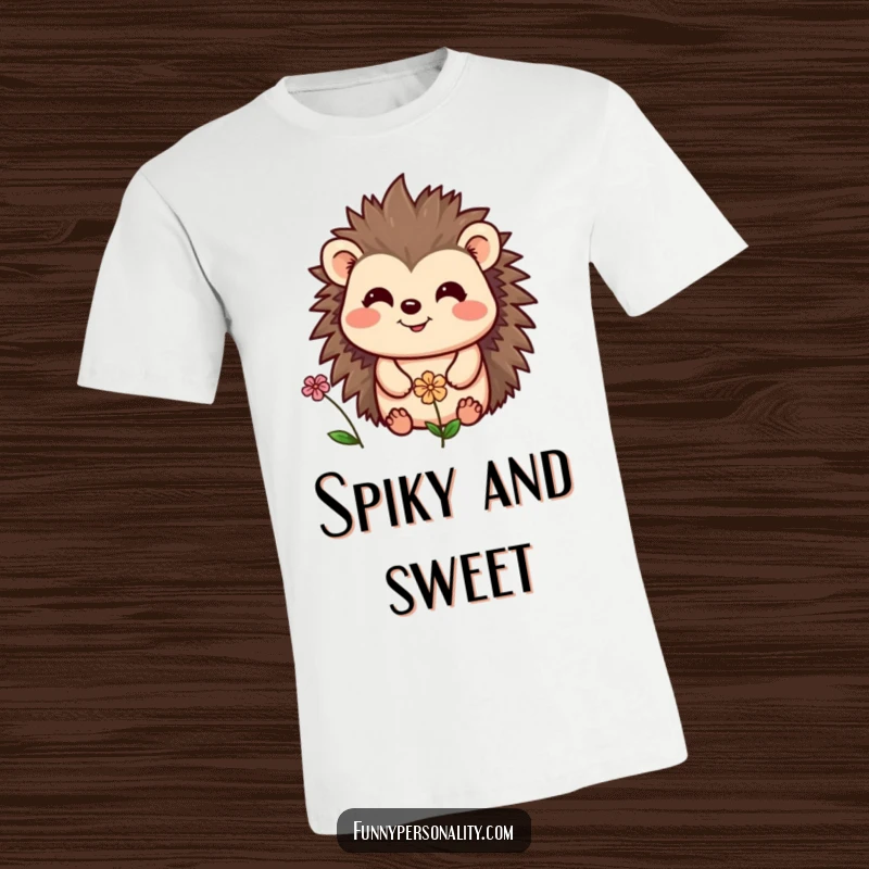 Funny t-shirt featuring a cheerful hedgehog sharing a warm smile with a tiny, beautiful flower, an illustration of innocent woodland happiness.