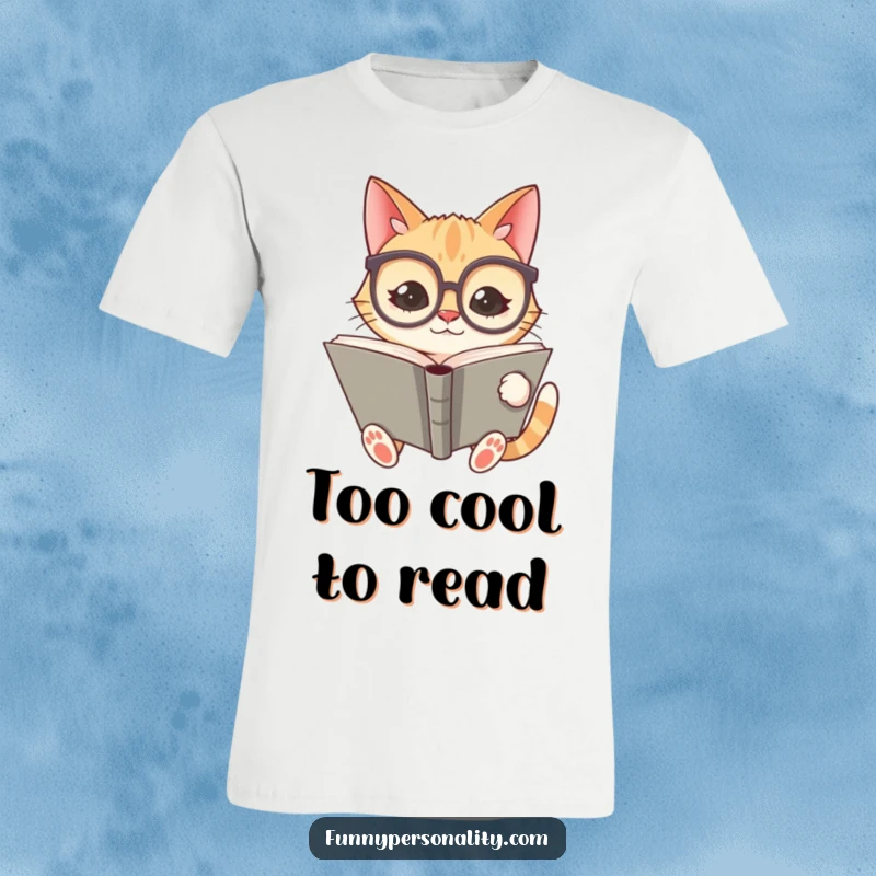 Funny t-shirt featuring a silly cat character wearing oversized spectacles and engrossed in reading a giant book.