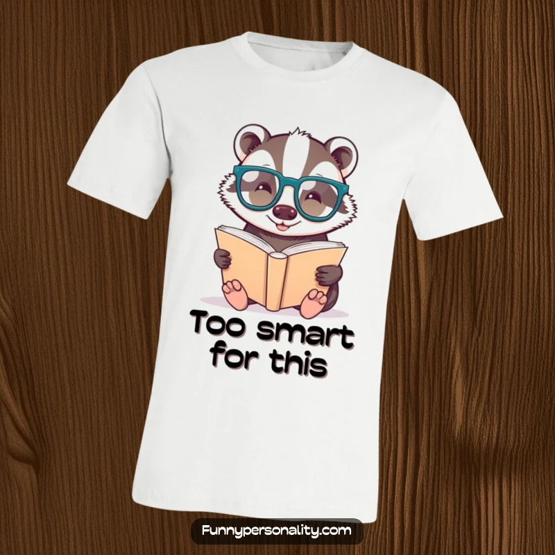 Funny T-shirt: a cheerful badger wearing oversized glasses, deeply focused on reading a huge book.