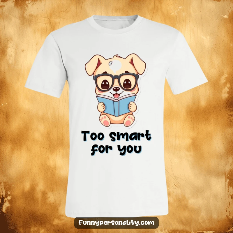 Funny t-shirt graphic of a cartoon puppy wearing glasses, grinning while reading a book, radiating smart humor.