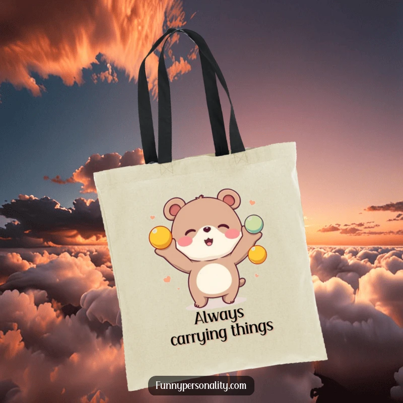 Funny Bear Juggling Tote Bag: A sturdy tote bag featuring a happy bear character juggling several colorful balls. Great funny gift.