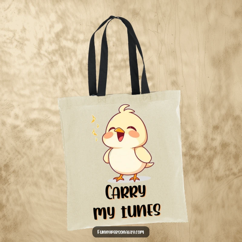 Funny tote bag featuring a joyful bird character singing with its chest puffed out, a symbol of happiness and music.