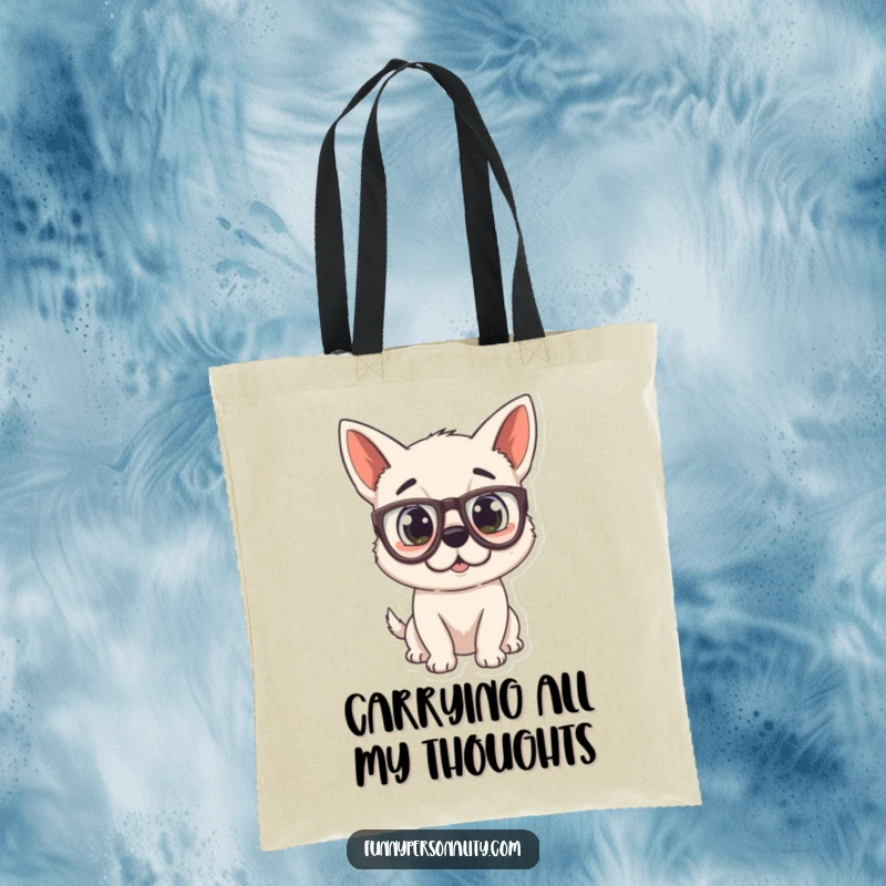 Funny Dog Tote Bag depicting a surprised puppy with large glasses, perfect for carrying essentials with a smile.