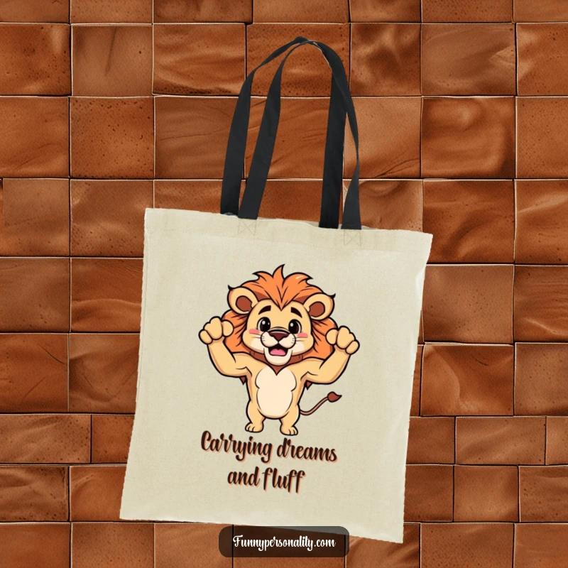 Funny tote bag with a proud lion flexing its small, fluffy biceps, designed for humor and practicality.