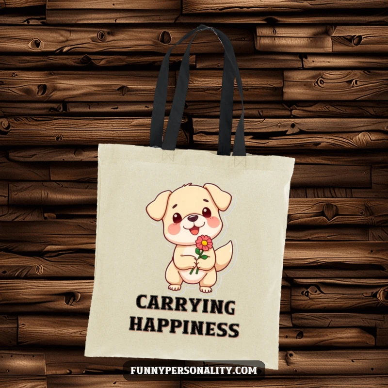 Funny tote bag featuring a small dog character with a wagging tail enthusiastically offering a flower, a charming and humorous accessory.