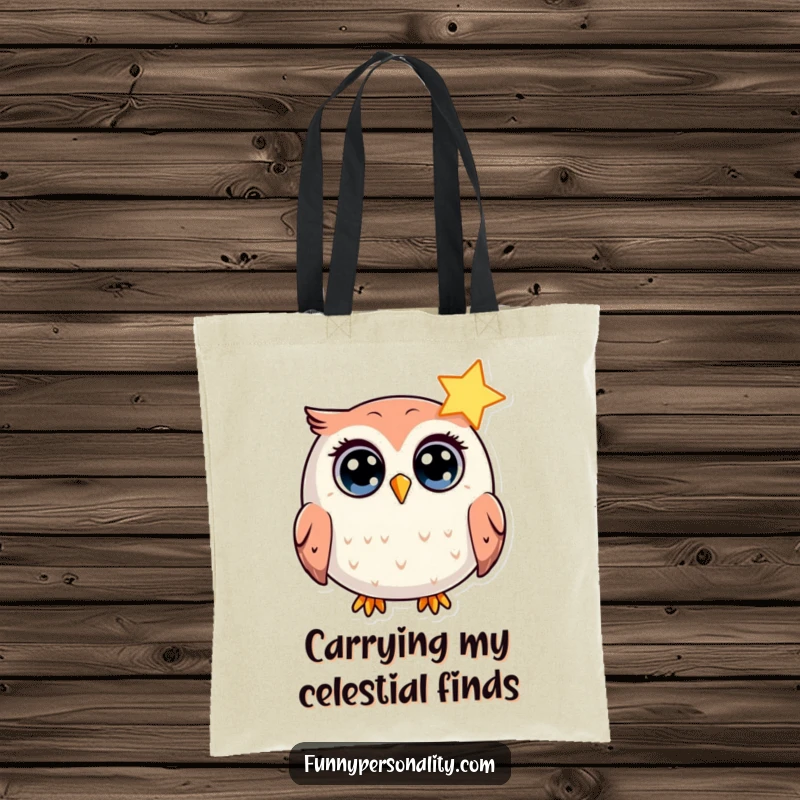 Funny Tote Bag: A round owl character expresses wide-eyed surprise at a celestial shining star, a humorous and useful gift.