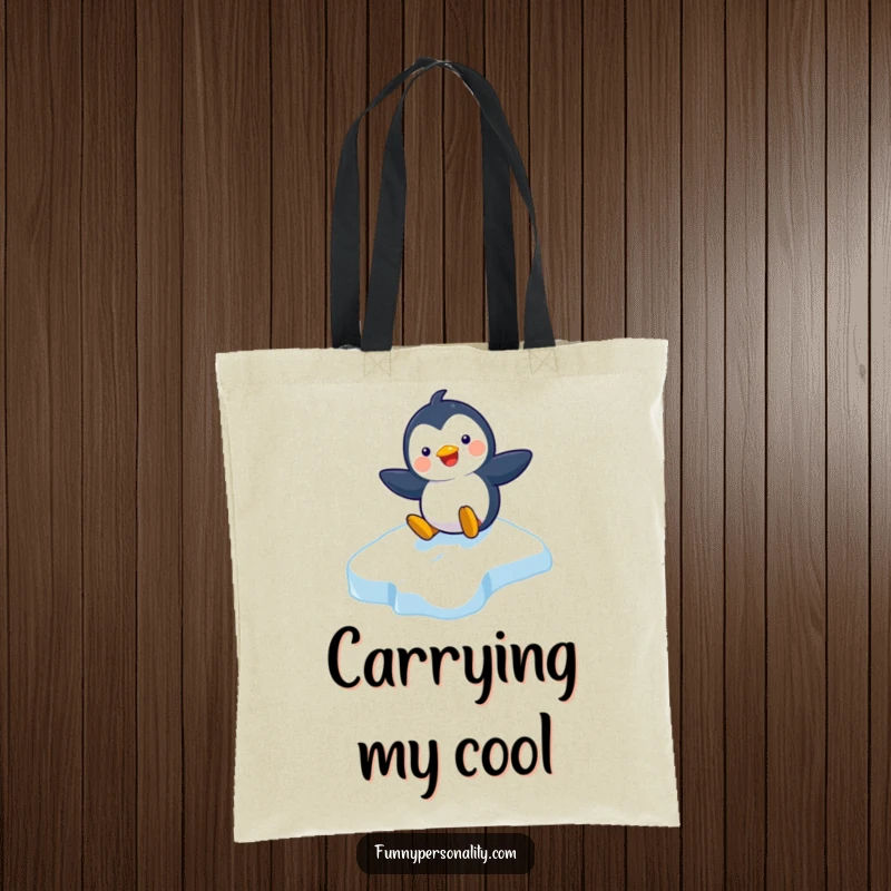 Funny tote bag featuring a playful penguin character sliding down an icy slope with a wide, happy grin.
