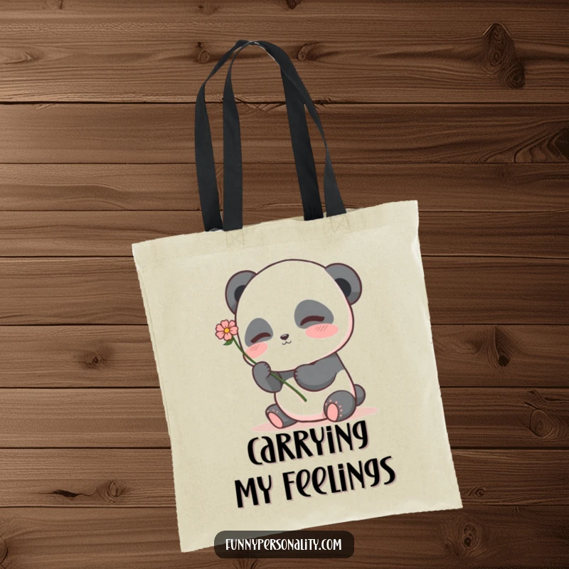 Shy panda tote bag with a blushing panda character holding a flower, perfect for carrying daily essentials with sweetness.